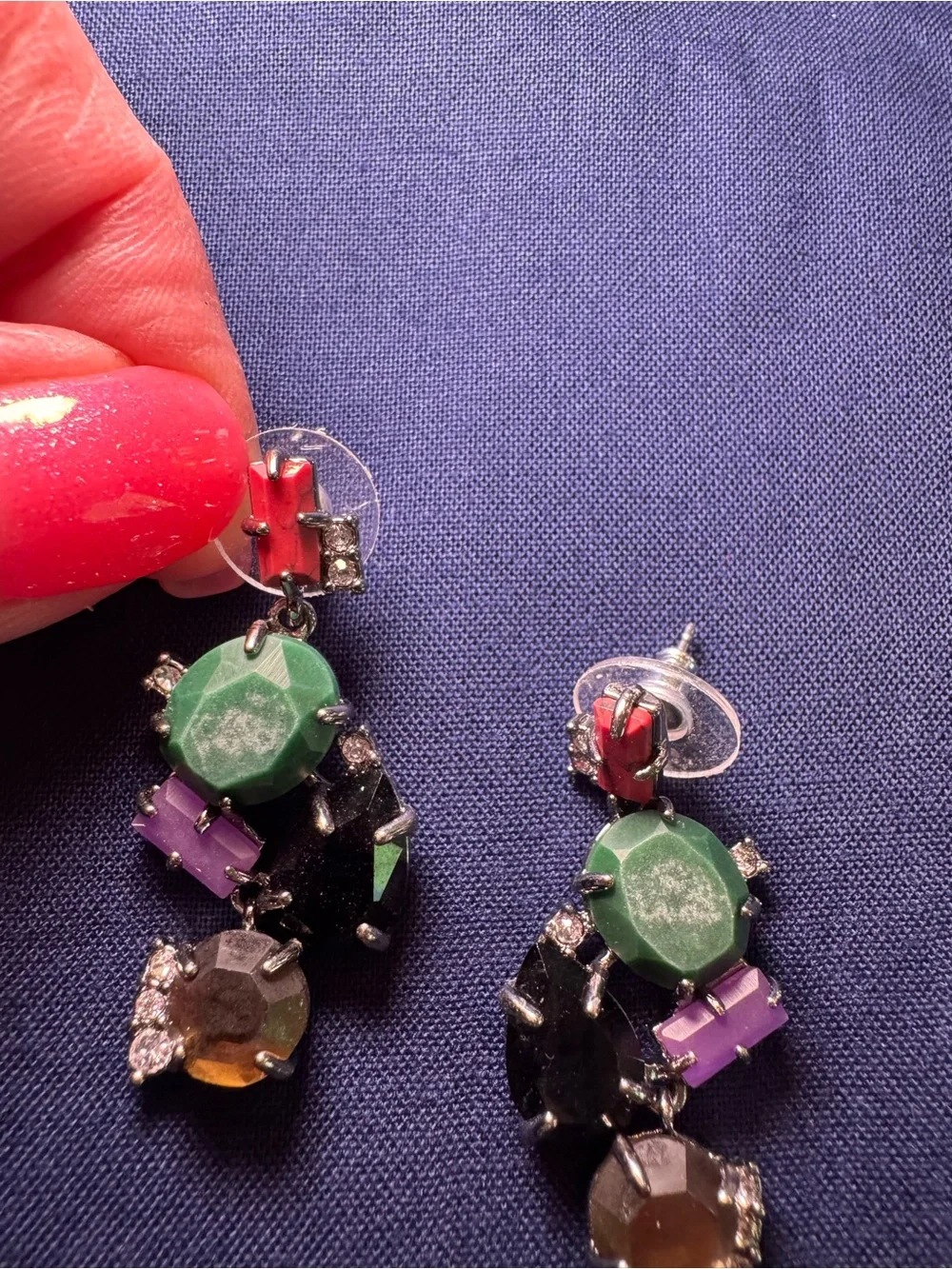 CAbi Multicolor Gem Cluster Drop Earrings - Green, Black, Purple, Amber
